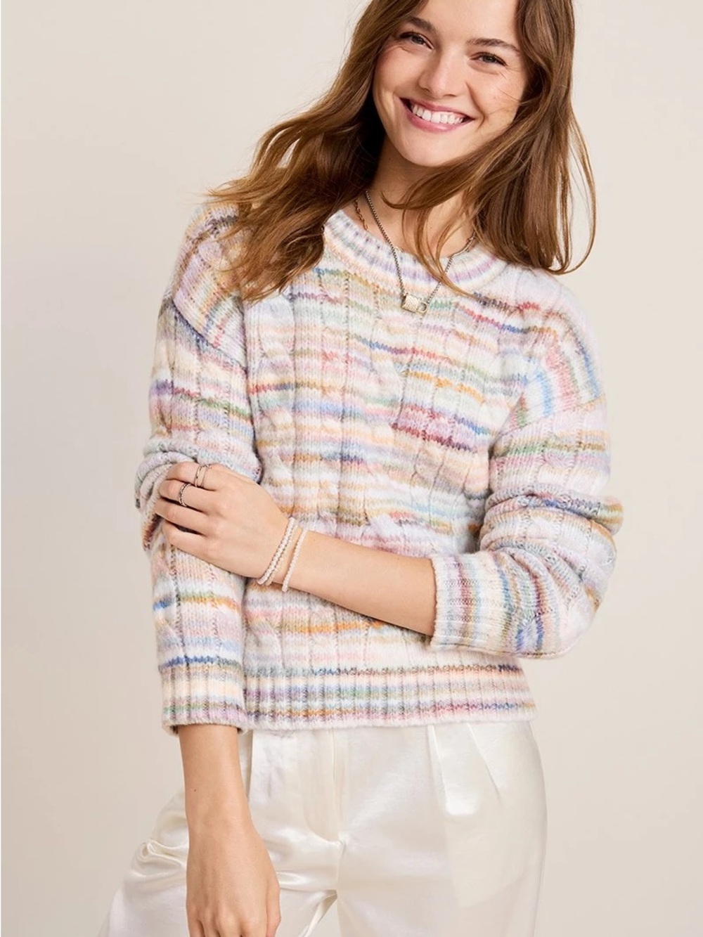 Altar’d State Pastel Multicolor Cable Knit Cropped Sweater Medium